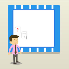 Young Male Businessman Office Worker Standing Searching Problem Solution Copy Space design Empty template text for Ad, promotion, poster, flyer, web banner, article