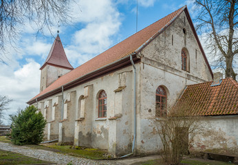 Fototapeta na wymiar View of Durbe Lutheran Church. Overall plan. Durbe. Latvia.