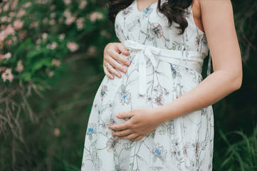 Fototapeta premium A pregnant girl in a sundress holds a stomach with her hands. Healthy pregnancy concept. Maternity concept. Baby Shower