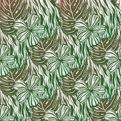 Fototapeta premium Tropical Leaves trend gradient. Seamless Pattern with Hand Drawn Leaves. Exotic Rapport for Textile, Fabric. Vector Seamless Background with Tropic Plants.