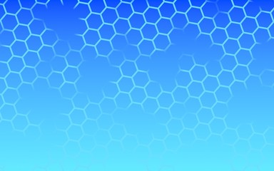 Translucent, with breaks, honeycomb on a gradient blue sky background. Perspective view on polygon look like honeycomb. Isometric geometry. 3D illustration