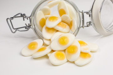 gummy candy fried egg sunny side up in a glass