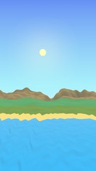 Sun Sea Beach. Noon. Ocean shore line with waves on a beach. Island beach paradise with waves. Vacation, summer, relaxation. Seascape, seashore. Minimalist landscape, primitivism. 3D illustration