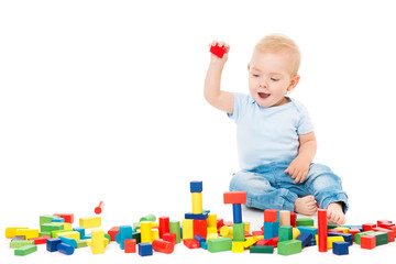 Baby Playing Toys Blocks, Kid Play Building Bricks, One Year Old Child on White