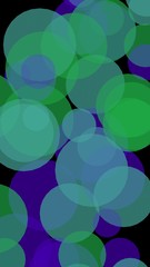 Multicolored translucent circles on a dark background. Green tones. 3D illustration