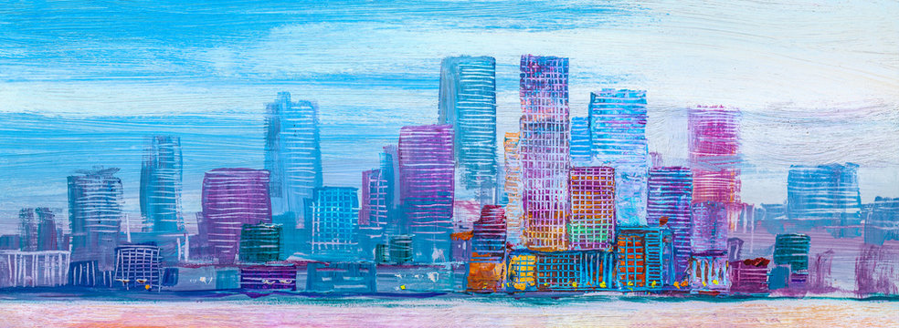 Artistic painting of skyscrapers.Abstract style.Cityscape panorama.