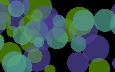 Multicolored translucent circles on a dark background. Green tones. 3D illustration