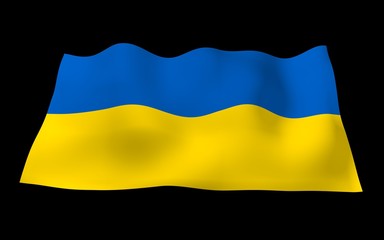 The flag of Ukraine on a dark background. National flag and state ensign. Blue and yellow bicolour. 3D illustration waving flag