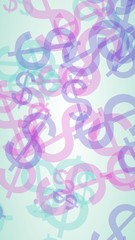 Multicolored translucent dollar signs on white background. Red tones. 3D illustration