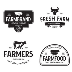 Farmers market logo templates stamps labels badges set. Trendy retro style logotypes, farm natural organic products food, animals, beef, goat, hen and pig silhouettes.