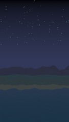 Starry moonless sky. Ocean shore line with waves on a beach. Island beach paradise with waves. Vacation, summer, relaxation. Seascape, seashore. Minimalist landscape, primitivism. 3D illustration