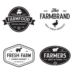 Obraz premium Farmers market logo templates stamps labels badges set. Trendy retro style logotypes, farm natural organic products food, animals, beef, goat, hen and pig silhouettes.