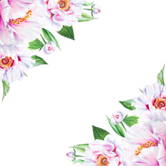 Beautiful white peony. Bouquet of flowers. Floral print. Marker drawing. Watercolor painting. Wedding and birthday composition. Greeting card. Flower painted background. Hand drawn illustration.