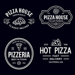 Naklejka premium Set of pizza logo, badges, banners, emblems for fast food restaurant. Collection labels for menu design restaurant or pizzeria.
