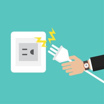 Businessman hand connecting electric plug with electricity spark icon vector illustration in flat style