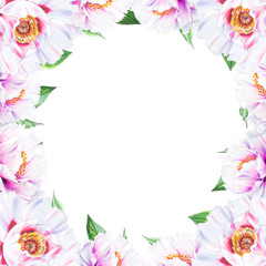 Beautiful white peony. Bouquet of flowers. Floral print. Marker drawing. Watercolor painting. Wedding and birthday composition. Greeting card. Flower painted background. Hand drawn illustration.