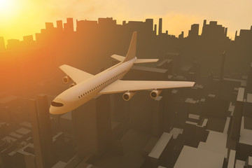 3d illustration. the plane in the sunset over the city