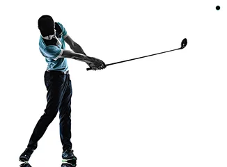 Poster one young caucasian Man Golf golfer golfingshadow silhouette  isolated  on white background © snaptitude