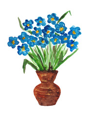 Bouquet of blue flowers in a ceramic brown vase. Hand drawn watercolor illustration isolated on white background.