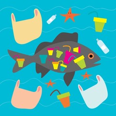 Ocean pollution seamless pattern. Zero waste fish. Bag, Bottle, Package, Contamination, disposable dish, straw and fish. Keep the sea, plastic free concept. save our planet. Vector illustration.