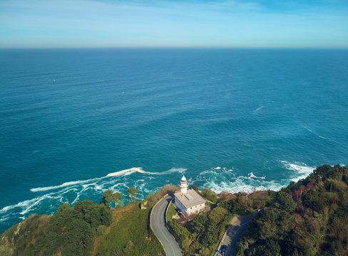 Aerial view of the Cantabrian Sea and the San Sebasti&aacute;n Lighthouse from Mount Igueldo, Donostia