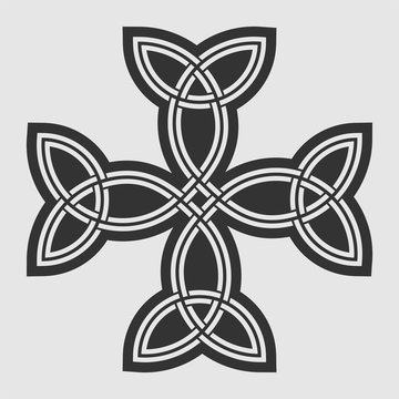 Celtic cross with interlaced ornament on a dark background.