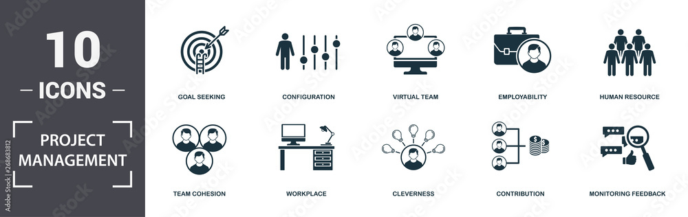 Poster project management icons set collection. includes simple elements such as personal solution, team co