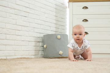 Cute little baby crawling on carpet indoors