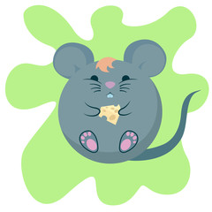 Gray cartoon rat with cheese on a green background. Glutton. The symbol of 2020.