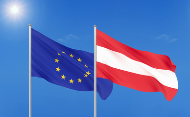 European Union vs Austria. Thick colored silky flags of European Union and Austria. 3D illustration on sky background. - Illustration