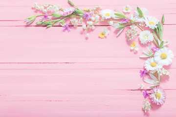 beautiful flowers on pink wooden background