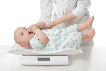 Doctor weighting baby on scales against white background