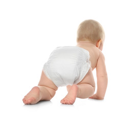 Cute little baby crawling on white background