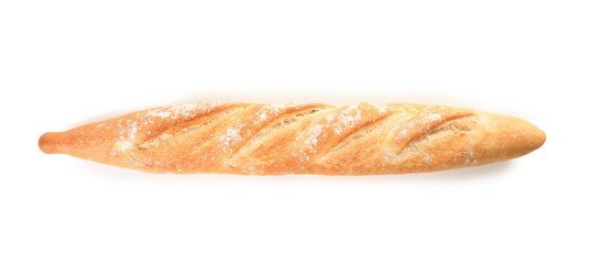 Tasty baguette isolated on white, top view. Fresh bread