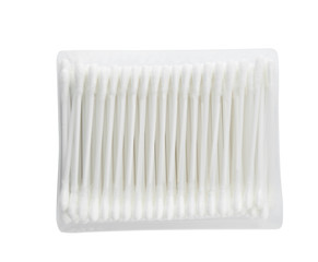 Plastic container with cotton swabs on white background, top view