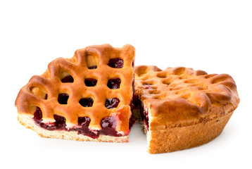 Cherry jam pie close-up on a white. Isolated.