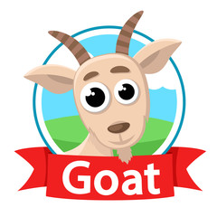 Goat looks out on the background of a green meadow.