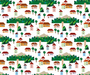 Fototapeta na wymiar Town seamless pattern with colour houses and graphic trees