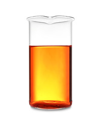 Laboratory glassware with color sample on white background. Solution chemistry
