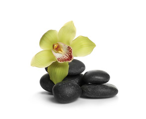Spa stones with beautiful orchid flower on white background
