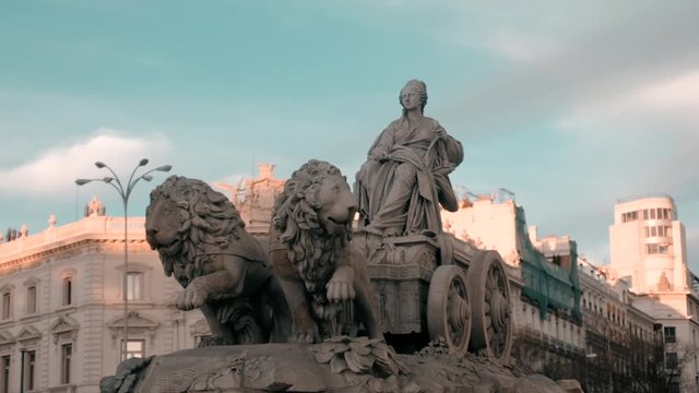 Cibeles Fountain In the evening At Plaza De Cibeles At Madrid, Spain, Europe. Dolly in, 4k, UHD