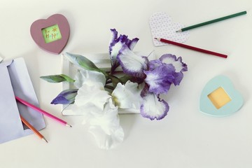 Decorative greeting composition of the inscription be happy, irises, pencils, empty notebooks on the table, top view