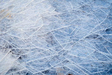 Broken ice piled up by wave action on shore of Lake Michigan, Michigan, USA.