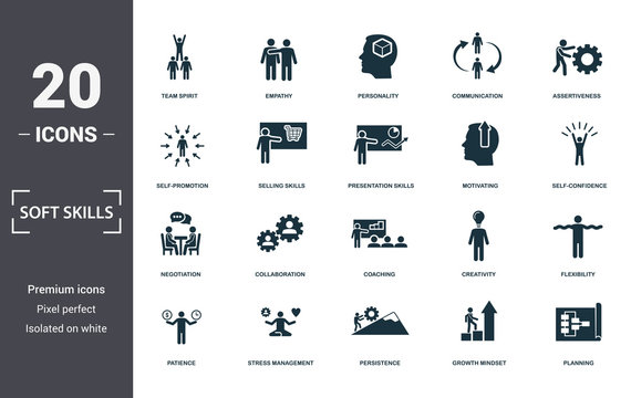 Soft Skills icons set collection. Includes simple elements such as Team Spirit, Empathy, Personality, Communication, Assertiveness, Collaboration and Coaching premium icons