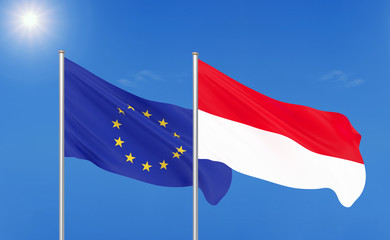 European Union vs Indonesia. Thick colored silky flags of European Union and Indonesia