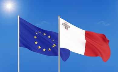 European Union vs Malta. Thick colored silky flags of European Union and Malta. 3D illustration on sky background. - Illustration