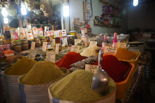 Piles of colorful spices in old market in Batna, Algeria
