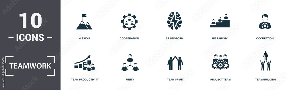 Poster teamwork icons set collection. includes simple elements such as workgroup, team productivity, unity,