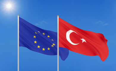 European Union vs Turkey. Thick colored silky flags of European Union and Turkey. 3D illustration on sky background. - Illustration