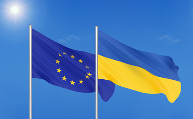 European Union vs Ukraine. Thick colored silky flags of European Union and Ukraine. 3D illustration on sky background. - Illustration